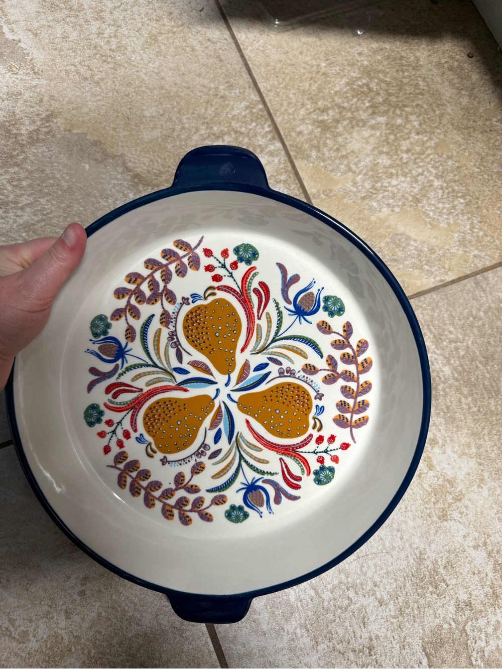 Anthropologie Folkloric Ceramic Pie Plate with Mustard Pear and Navy Trim